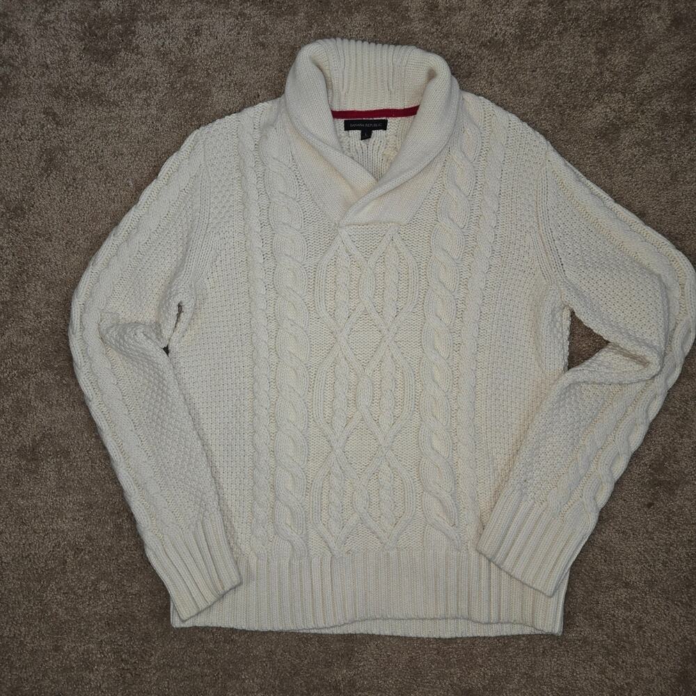Banana Republic Fisherman Cable Knit Shawl Sweater Merino Wool Old Money Men LG
